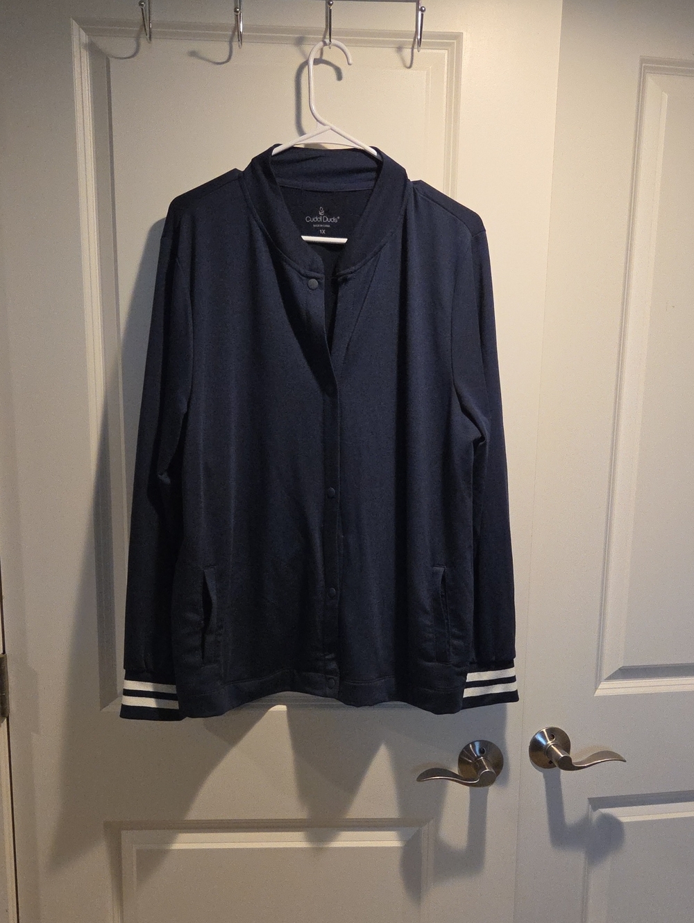 CuddlDuds Navy Lightweight Shirt Jacket with Striped Cuffs